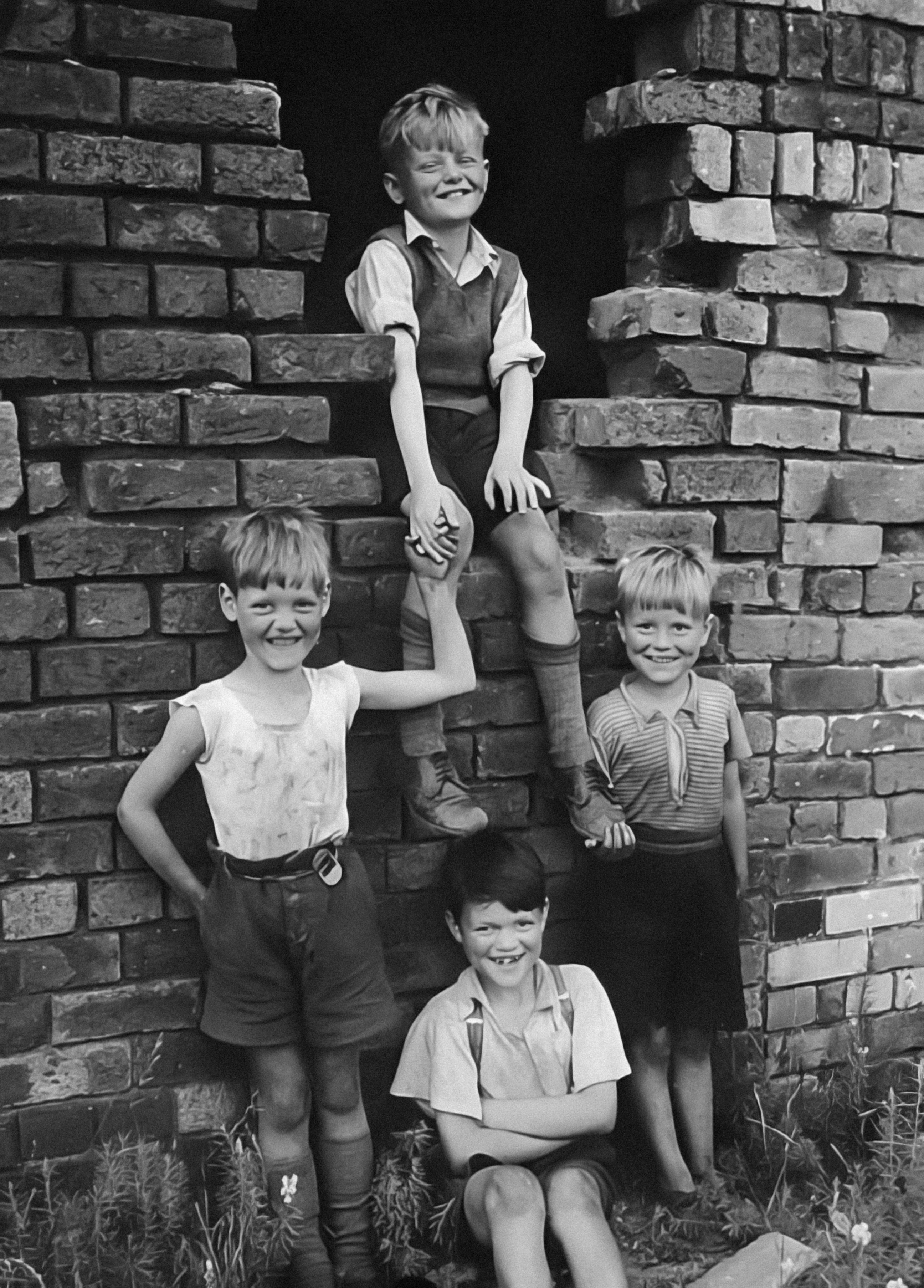 Black and white photograph of a group of children standing together on a doorstep.