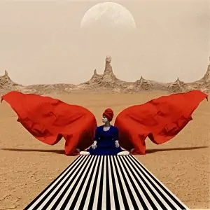 Therapy for Creatives & Artists in London Alex Golding Therapy A figure walking away down a corridor of red drapes towards a distant landscape, an image used in therapy for creatives.