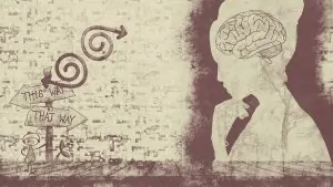 A weathered sepia artwork showing two standing figures with a spiral between them.